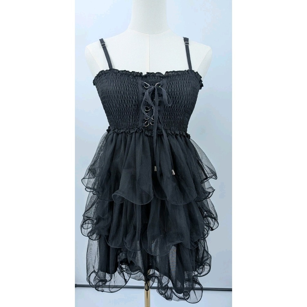 Cecio Black Lace Up Bust Tiered Ruffle Mini Dress Size S Whimsigoth Dark Fairy